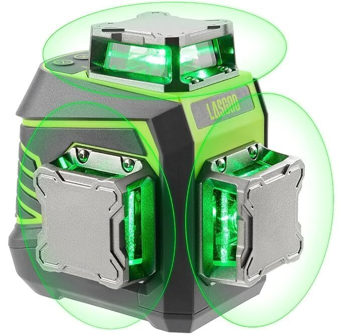 レーザーレベル 3x360° セルフレベリング、建設および絵画吊り下げ用 3D グリーンクロスラインレーザー、充電式バッテリー、リモコン、磁気回転スタンド付属 - LG-3Dx